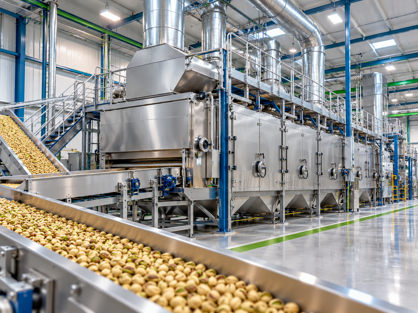 Photograph of a modern pistachio drying and processing line