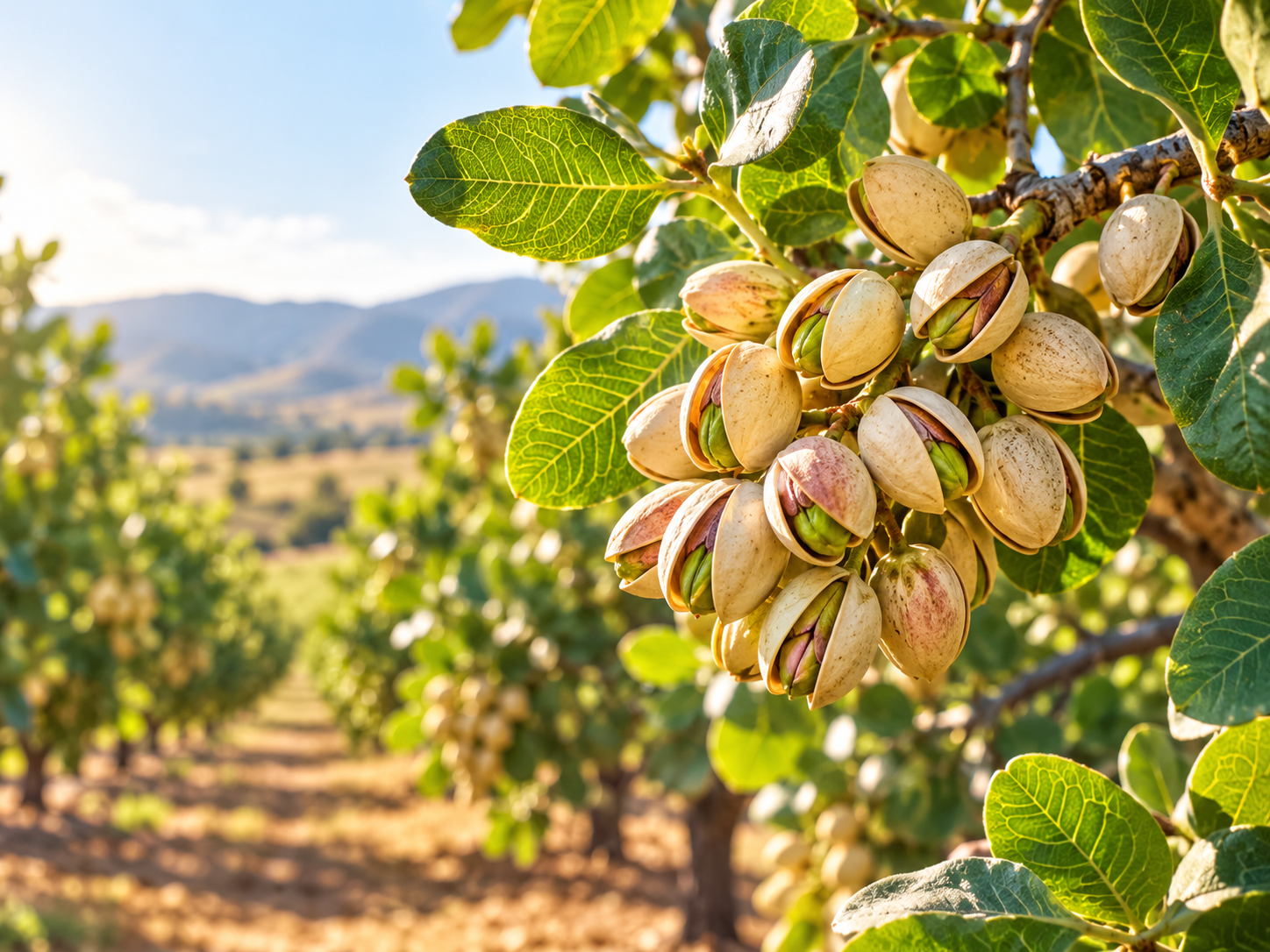 Photograph of pistachios growing in a sunlit orchard